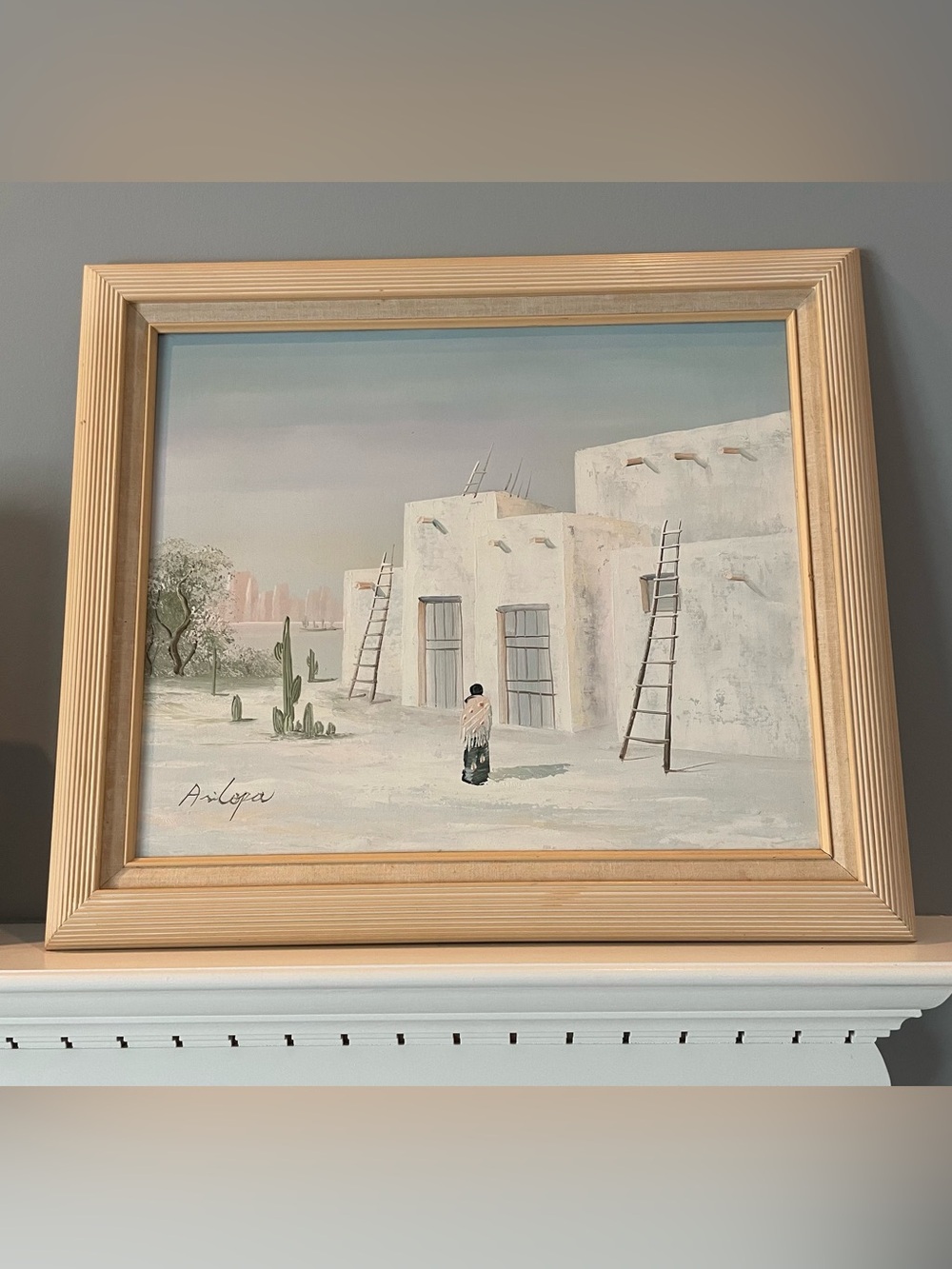Vintage Aricopa Southwestern Pueblo Oil Painting Adobe Scene Canvas 20x24 Frame